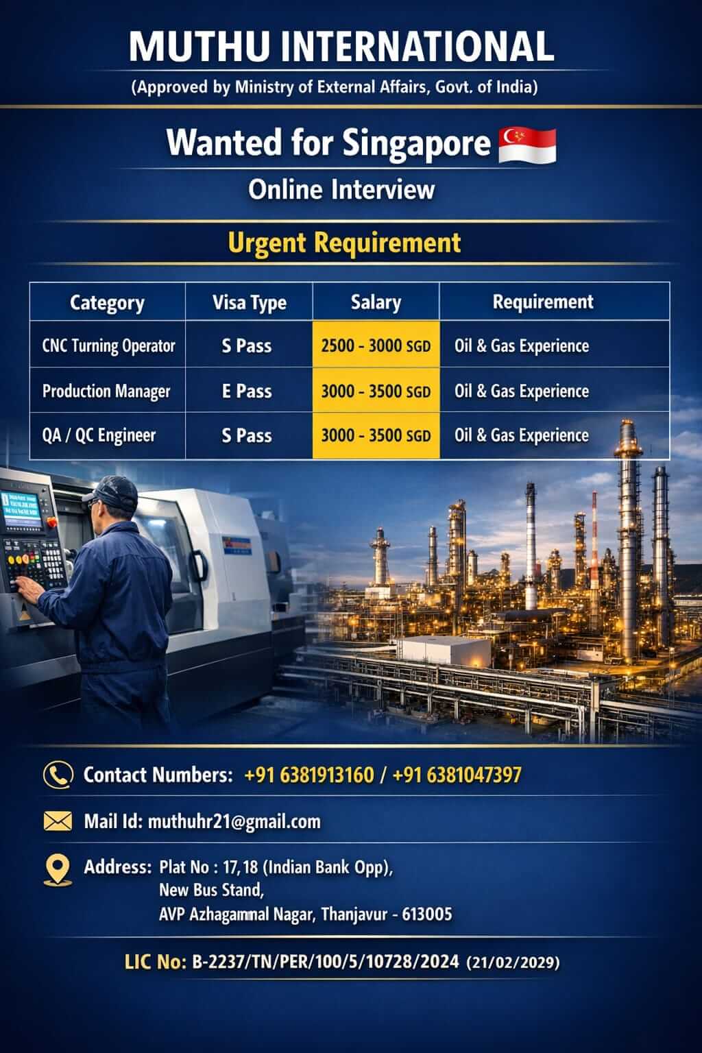 WANTED FOR SINGAPORE