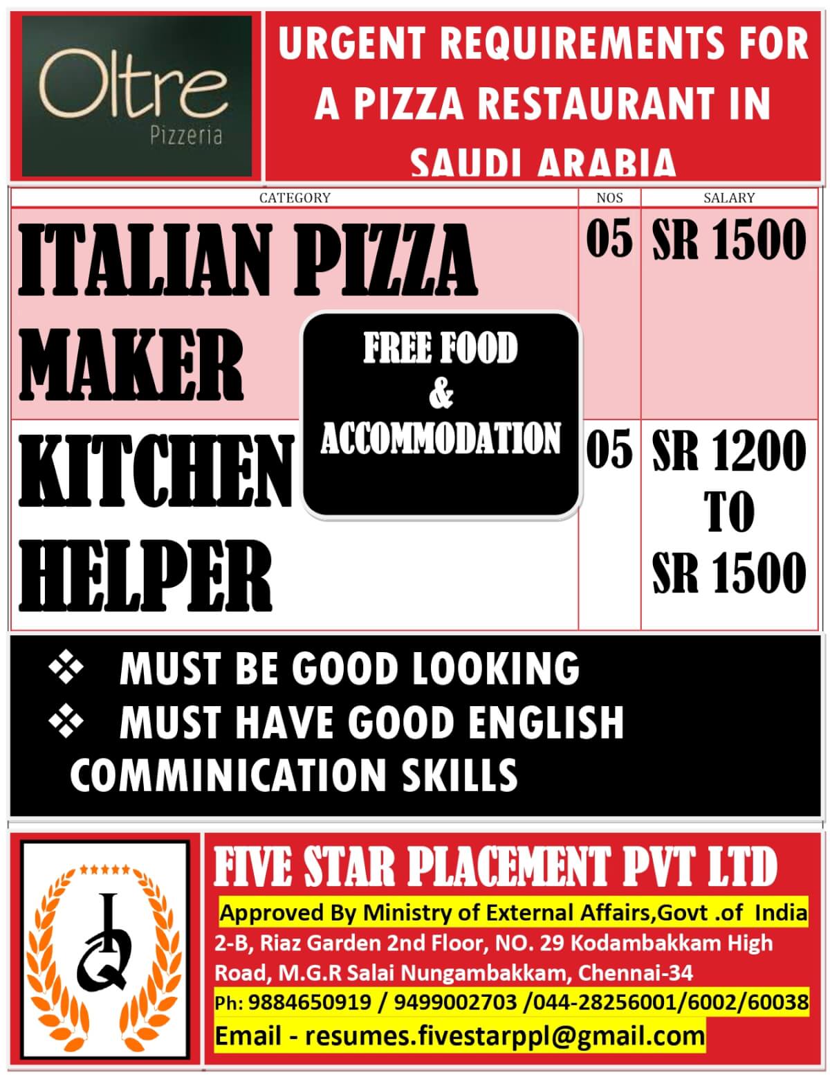 URGENT REQUIREMENT FOR  SAUDI ARABIA