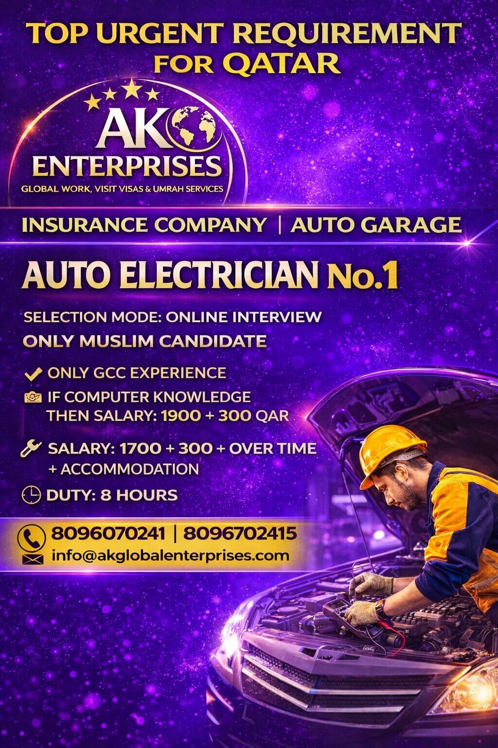 Top Urgent requirement for Qatar company insurance company Auto Garage-Only Muslim candidate