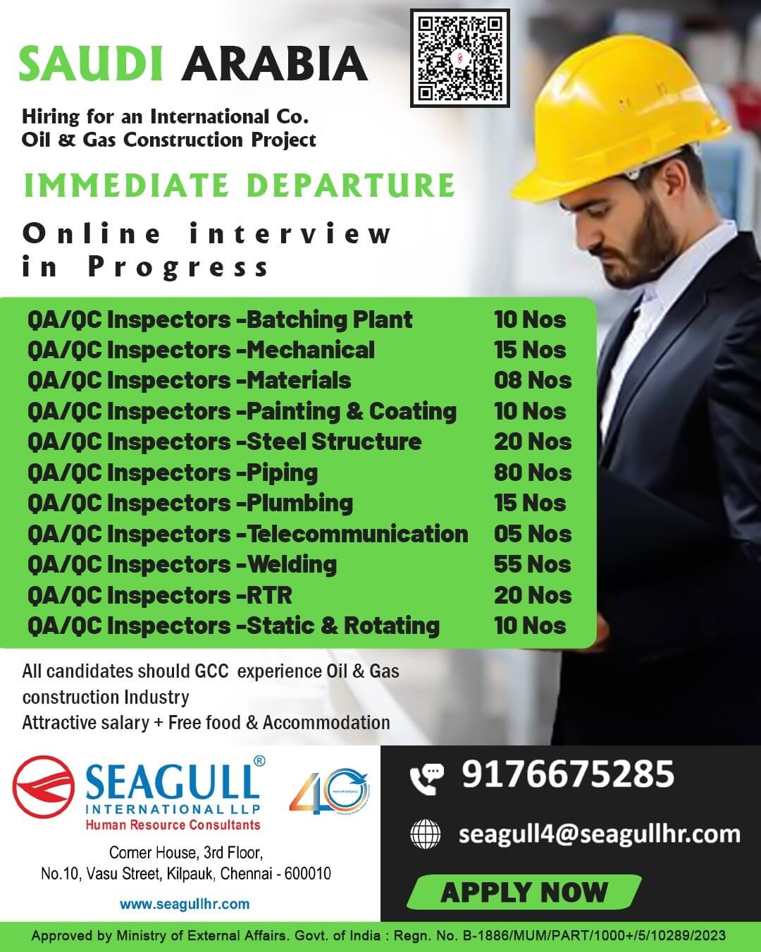 VERY URGENT REQUIREMENTS FOR OIL & GAS LONG TIME PROJECT AT SAUDI ARABIA - KSA