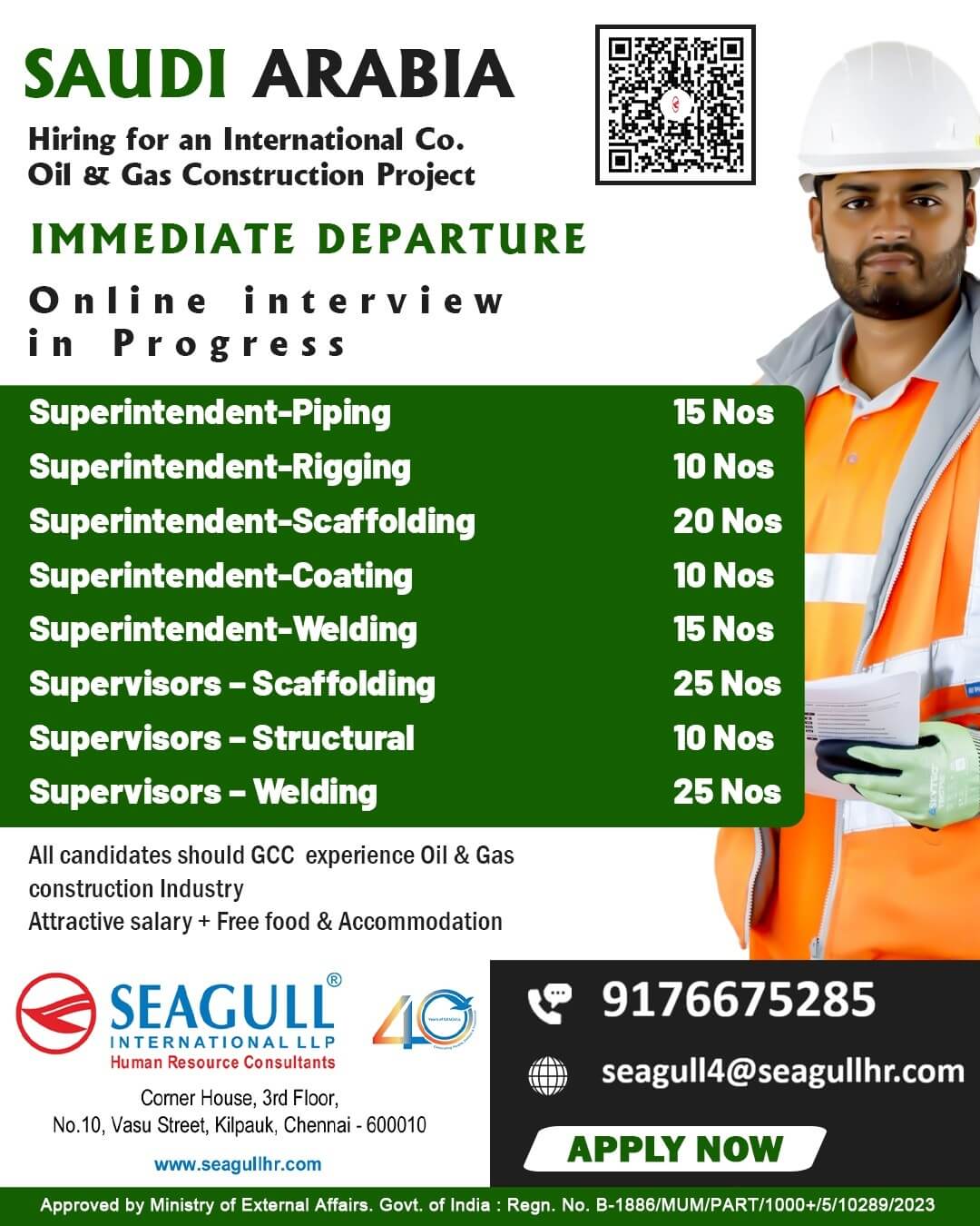 VERY URGENT REQUIREMENTS FOR OIL & GAS LONG TIME PROJECT AT SAUDI ARABIA - KSA