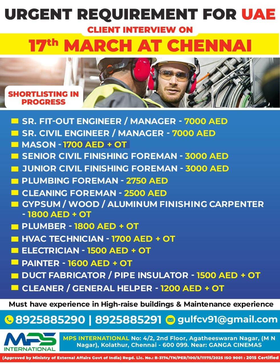 URGENT REQUIREMENT FOR UAE DIRECT CLIENT INTERVIEW ON 17th MARCH AT CHENNAI
