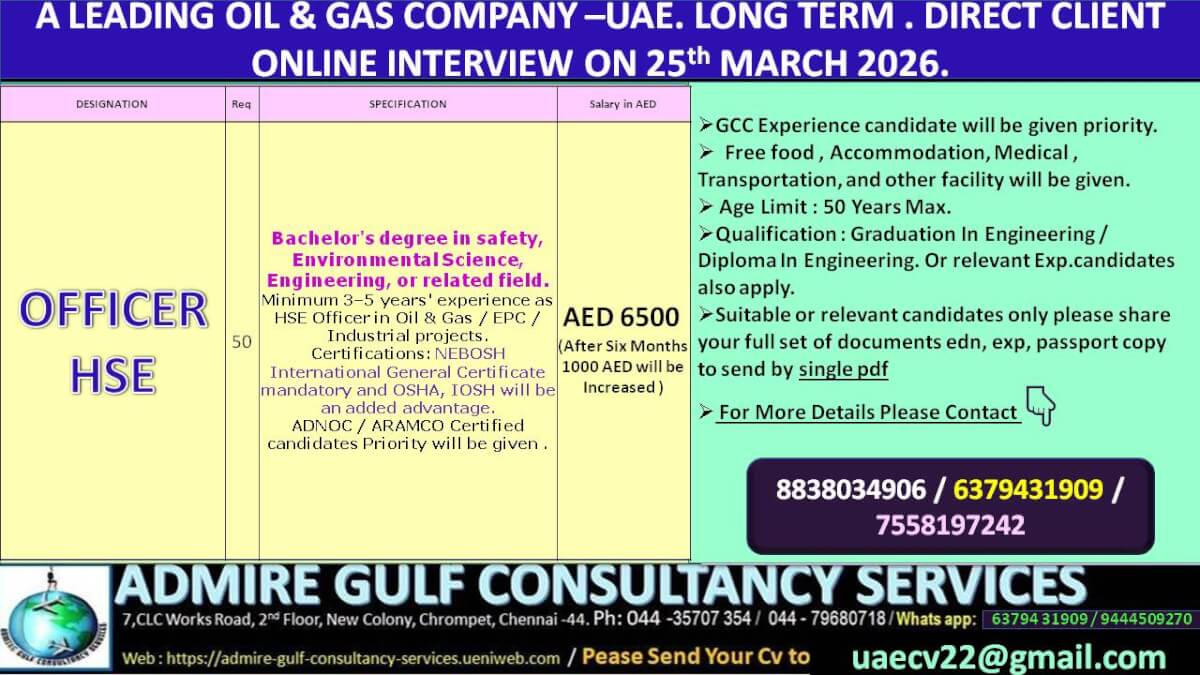 A  LEADING OIL & GAS COMPANY - UAE. LONG TERM . DIRECT CLIENT ONLINE INTERVIEW ON 25th MARCH 2026