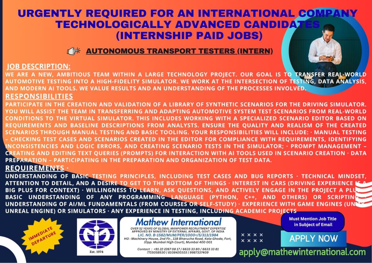 9 - URGENTLY REQUIRED FOR AN INTERNATIONAL COMPANY - TECHNOLOGICALLY ADVANCED CANDIDATES (internship paid jobs)