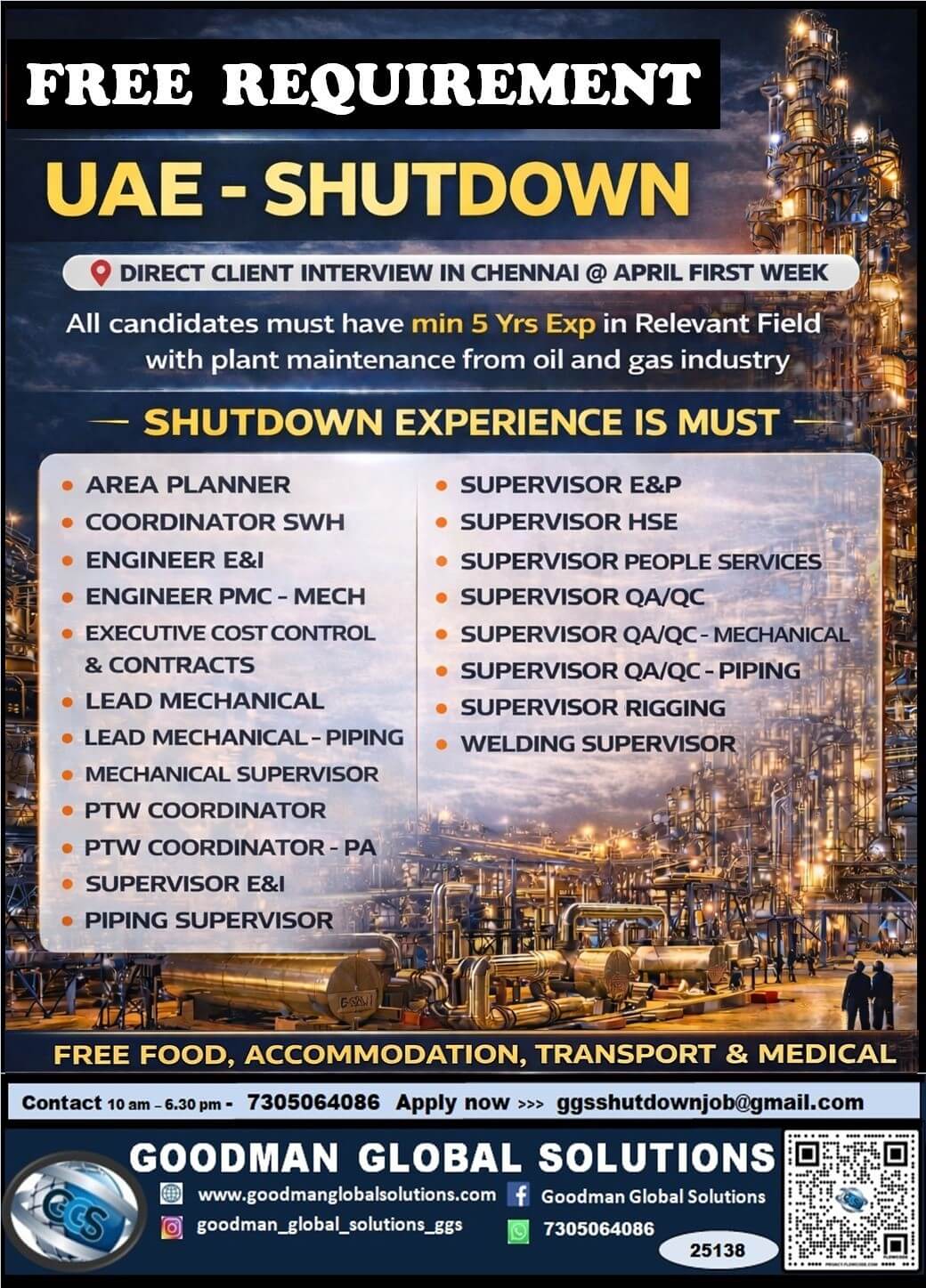 FREE REQUIREMENT - UAE - OIL & GAS (SHUTDOWN PROJECT) DIRECT CLIENT INTERVIEW IN CHENNAI @11/04/2026 FREE REQUIREMENT - UAE - OIL & GAS (SHUTDOWN PROJECT) DIRECT CLIENT INTERVIEW IN CHENNAI @11/04/2026