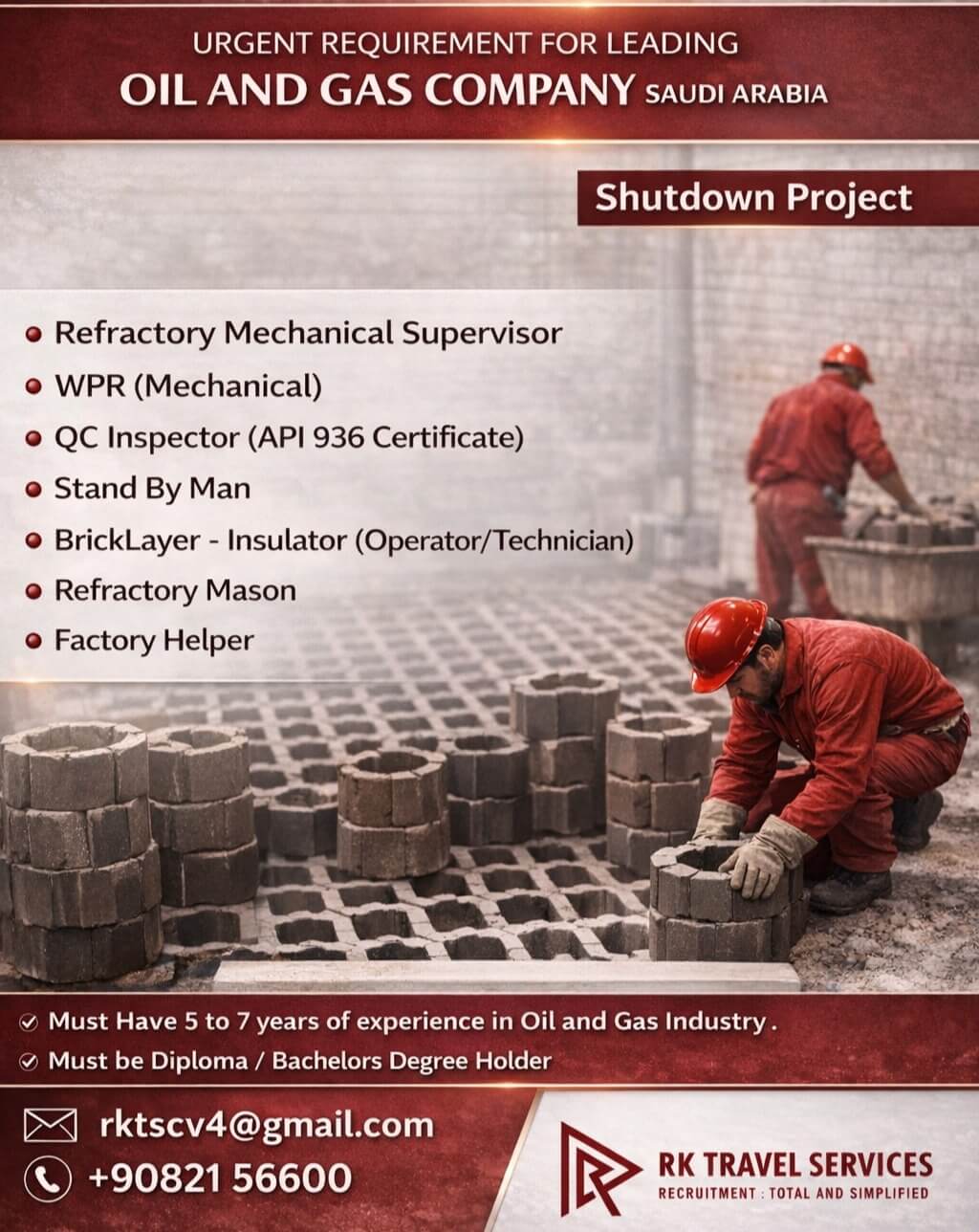 Refractory Mechanical Supervisor WPR (Mechanical) QC Inspector (API 936 Certificate) Stand By Man BrickLayer - Insulator (Operator/Technician) Refractory Mason Factory Helper