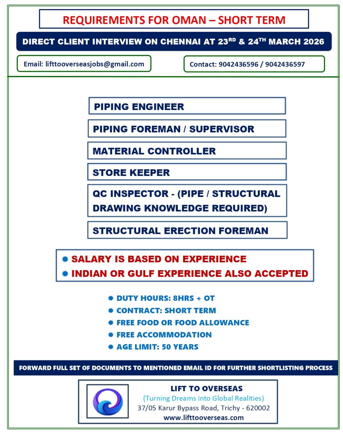 Piping Engineer, Piping Foreman / Supervisor, Material Controller, Store Keeper, QC Inspector (Pipe / Structural Drawing Knowledge Required), Structural Erection Foreman. Piping Engineer, Piping Foreman / Supervisor, Material Controller, Store Keeper, QC Inspector (Pipe / Structural Drawing Knowledge Required), Structural Erection Foreman.