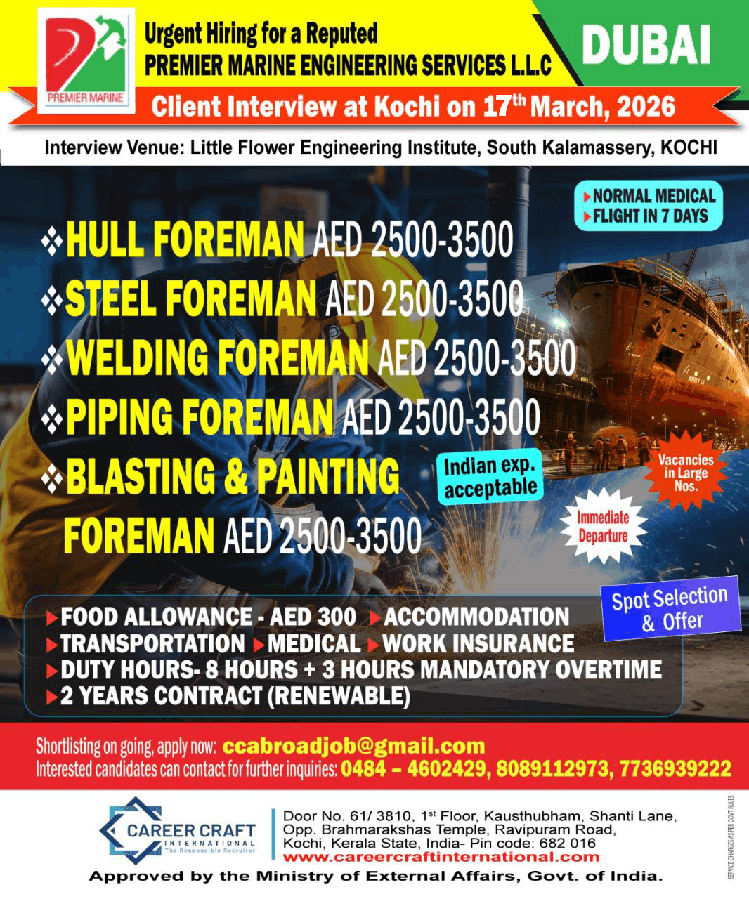 Client Interview at Kochi on 17th March, 2026 for Premier Marine, United Arab Emirates -