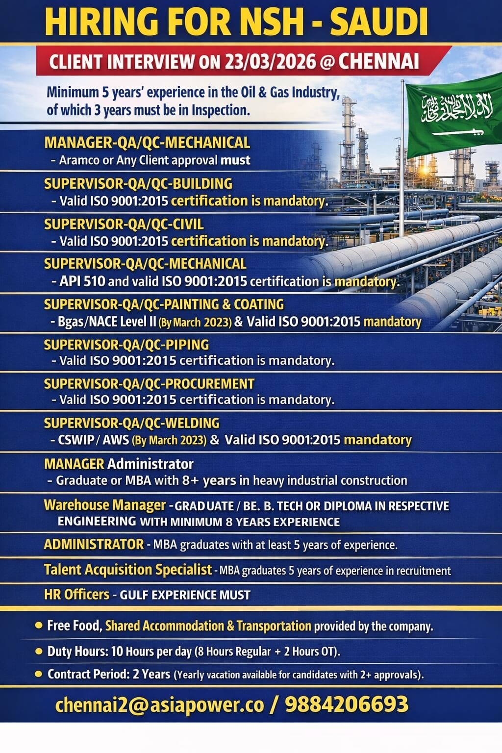 CLIENT INTERVIEW @ CHENNAI ON 23/03/2026 (QC Inspector & Supervisors)- KSA