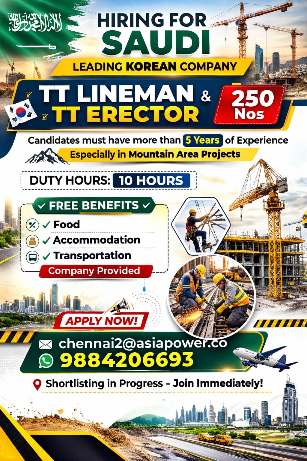 URGENT OPENING FOR SAUDI - TT LINEMAN & TT ERECTOR