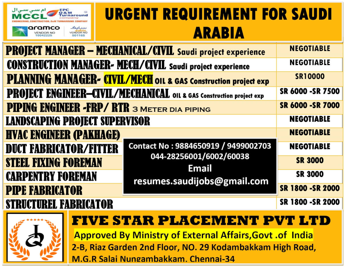 URGENT REQUIREMENT FOR SAUDI ARABIA URGENT REQUIREMENT FOR SAUDI ARABIA