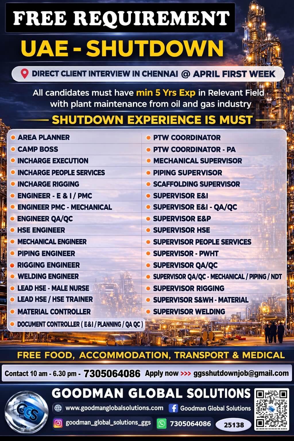 FREE REQUIREMENT - UAE - OIL & GAS  (SHUTDOWN PROJECT) DIRECT CLIENT INTERVIEW  IN CHENNAI @11/04/2026
