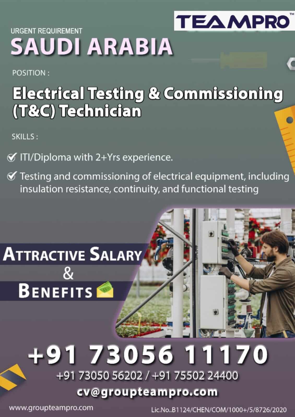 Hiring: Electrical Testing & Commissioning (T&C) Technician – Saudi Arabia Hiring: Electrical Testing & Commissioning (T&C) Technician – Saudi Arabia