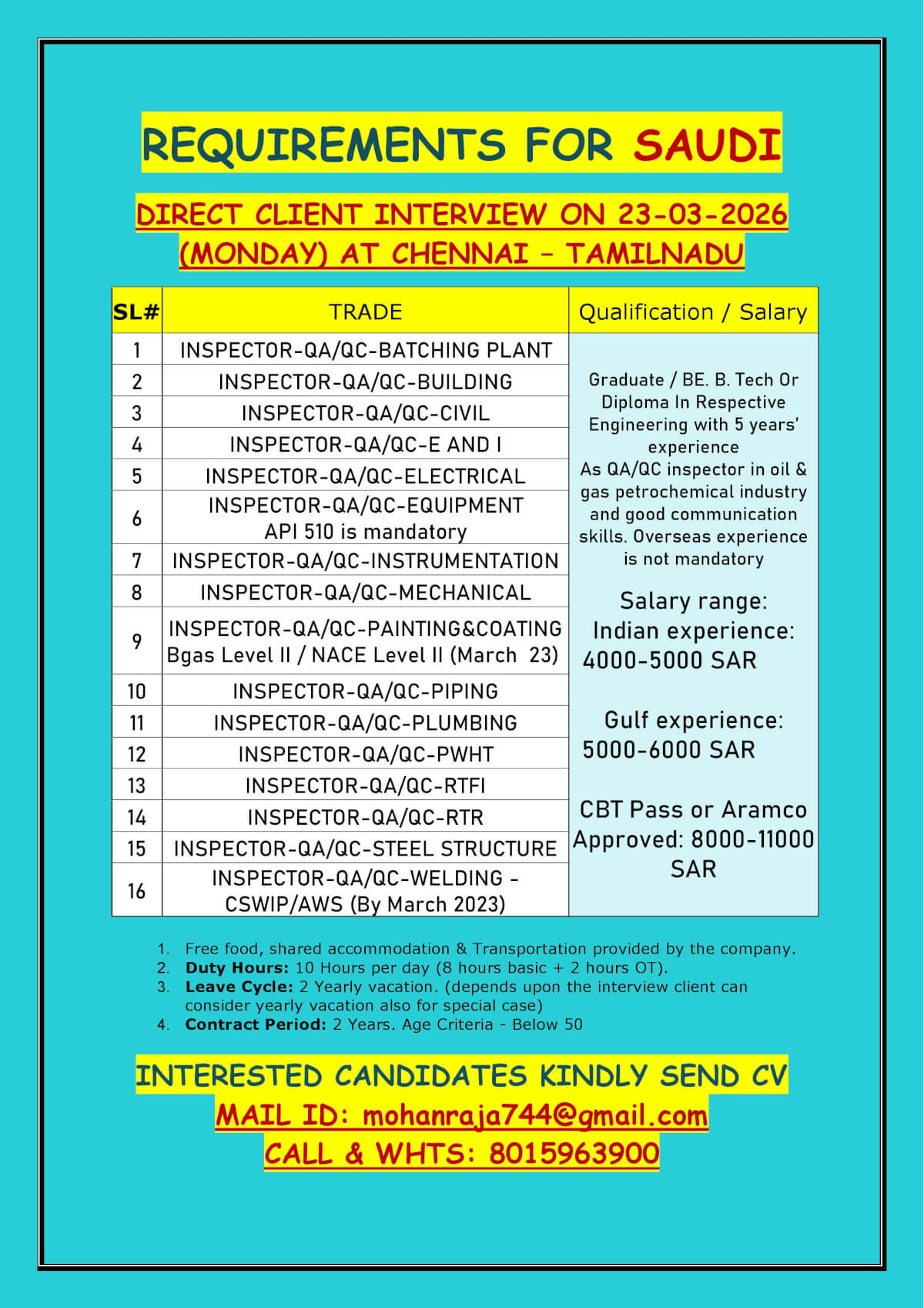 REQUIREMENTS FOR SAUDI  DIRECT CLIENT INTERVIEW ON 23-03-2026 (MONDAY) AT CHENNAI – TAMILNADU