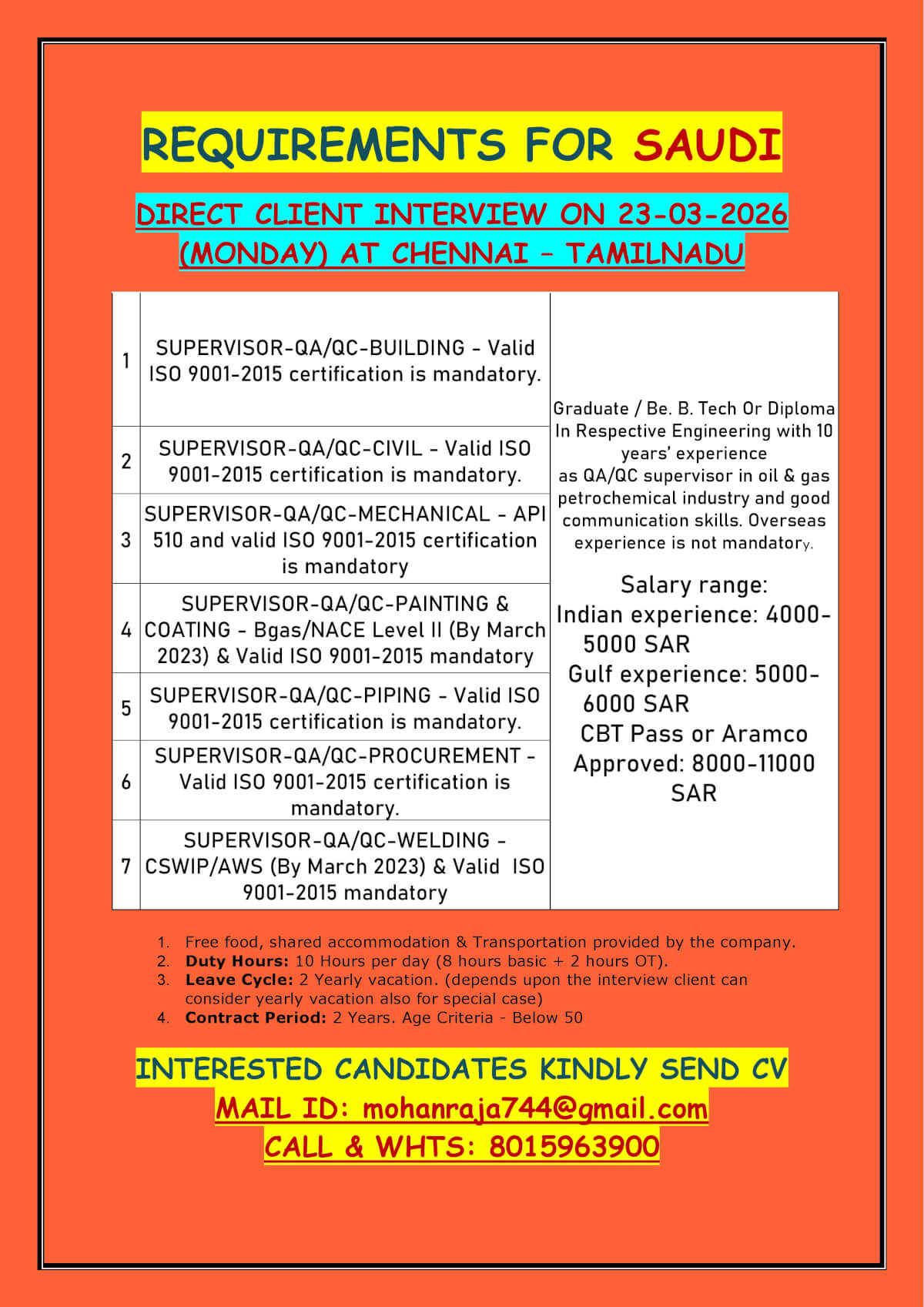 REQUIREMENTS FOR SAUDI - DIRECT CLIENT INTERVIEW ON 23-03-2026 (MONDAY) AT CHENNAI – TAMILNADU