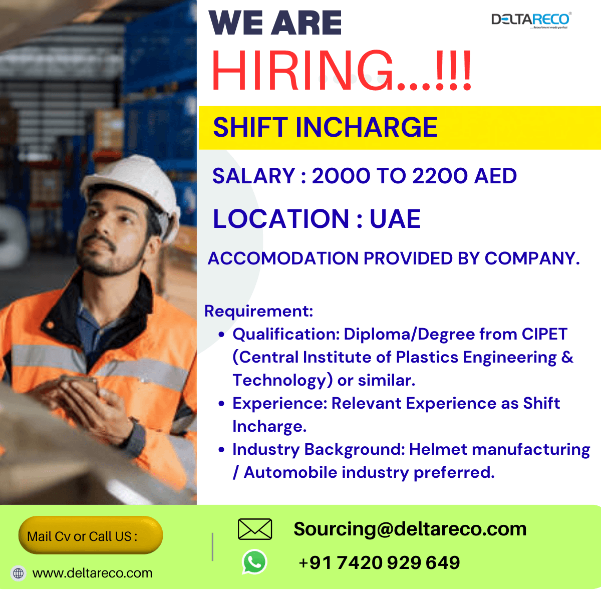 Hiring Shift incharge for UAE