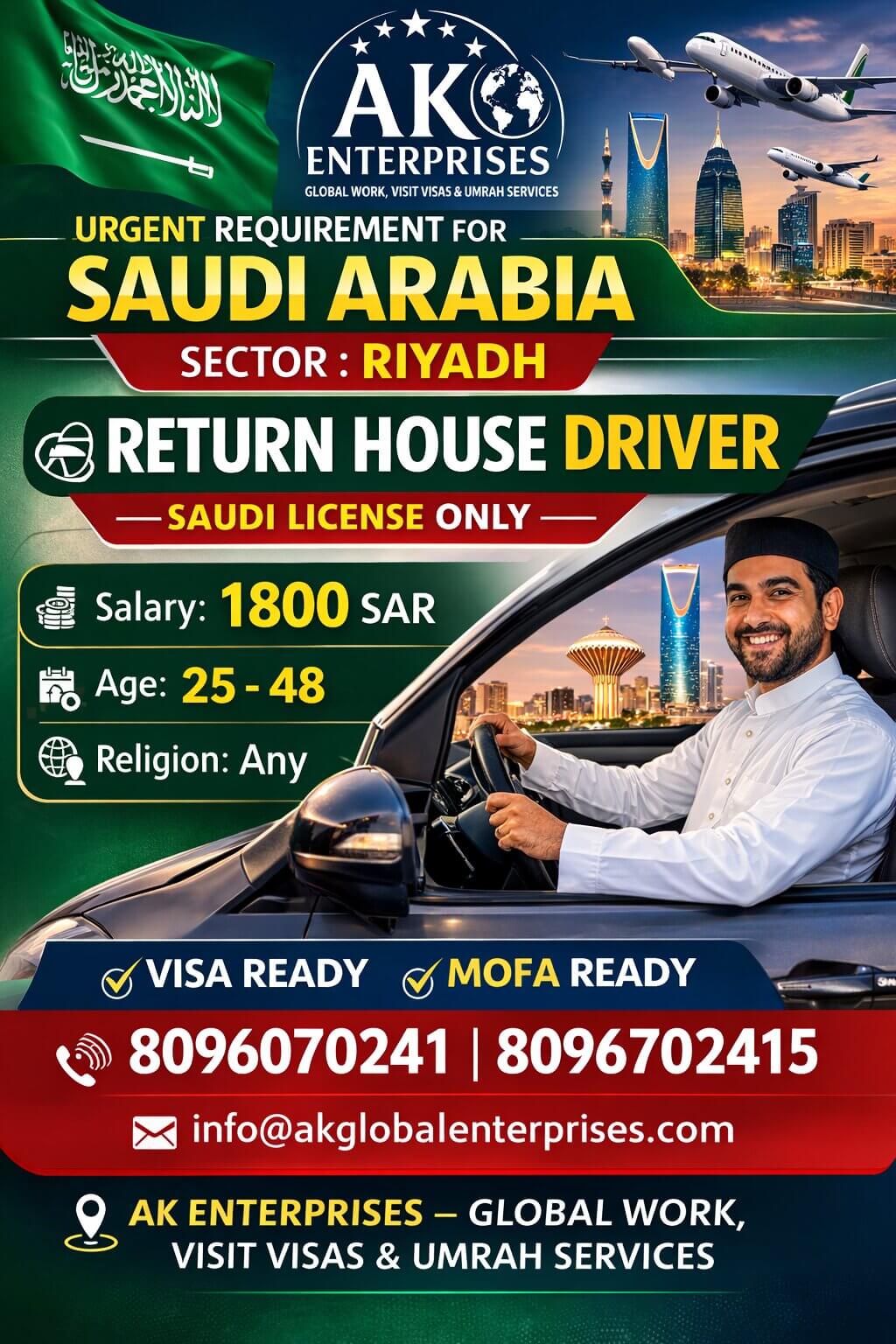 Urgent Requirement for Saudi Arabia – Return House Driver (Riyadh) Urgent Requirement for Saudi Arabia – Return House Driver (Riyadh)