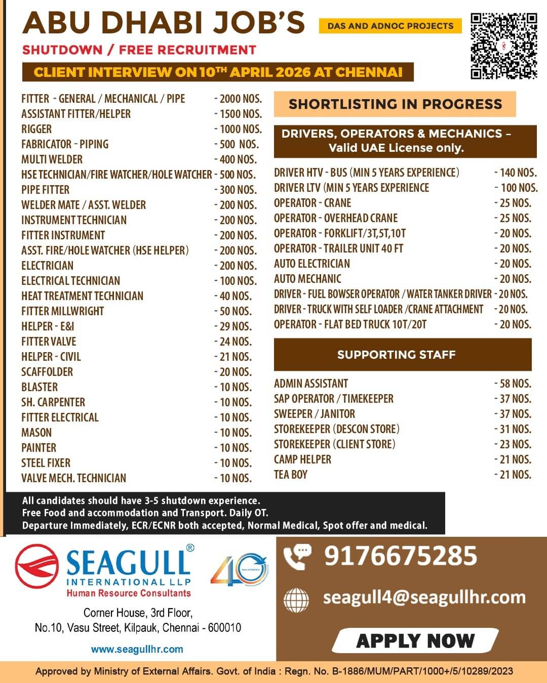 FREE REQUIREMENTS FOR OIL & GAS OFFSHORE & ONSHORE SHORT TIME PROJECT AT ABU DHABI - UAE