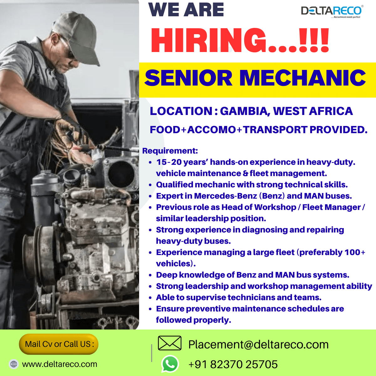 Hiring  Senior Mechanic Heavy automobile for  West Africa