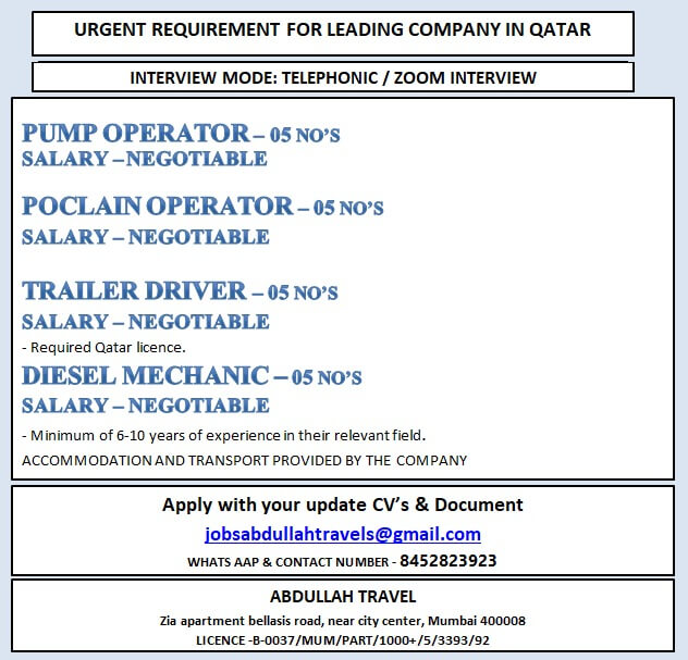 URGENT REQUIREMENT FOR LEADING COMPANY IN QATAR