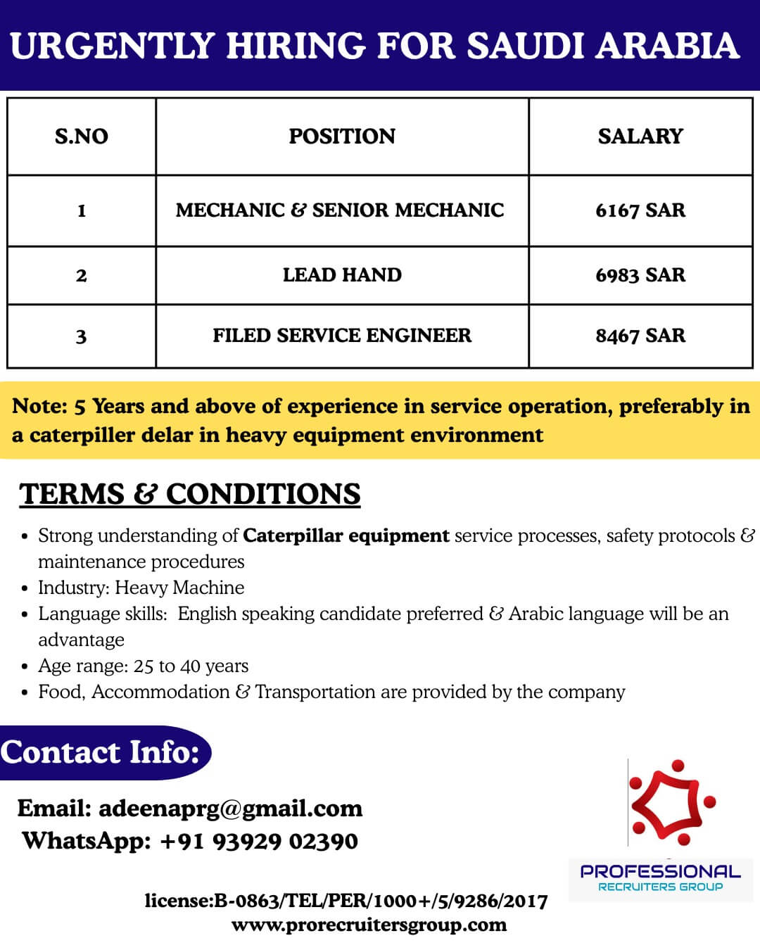 URGENTLY HIRING FOR SAUDI ARABIA