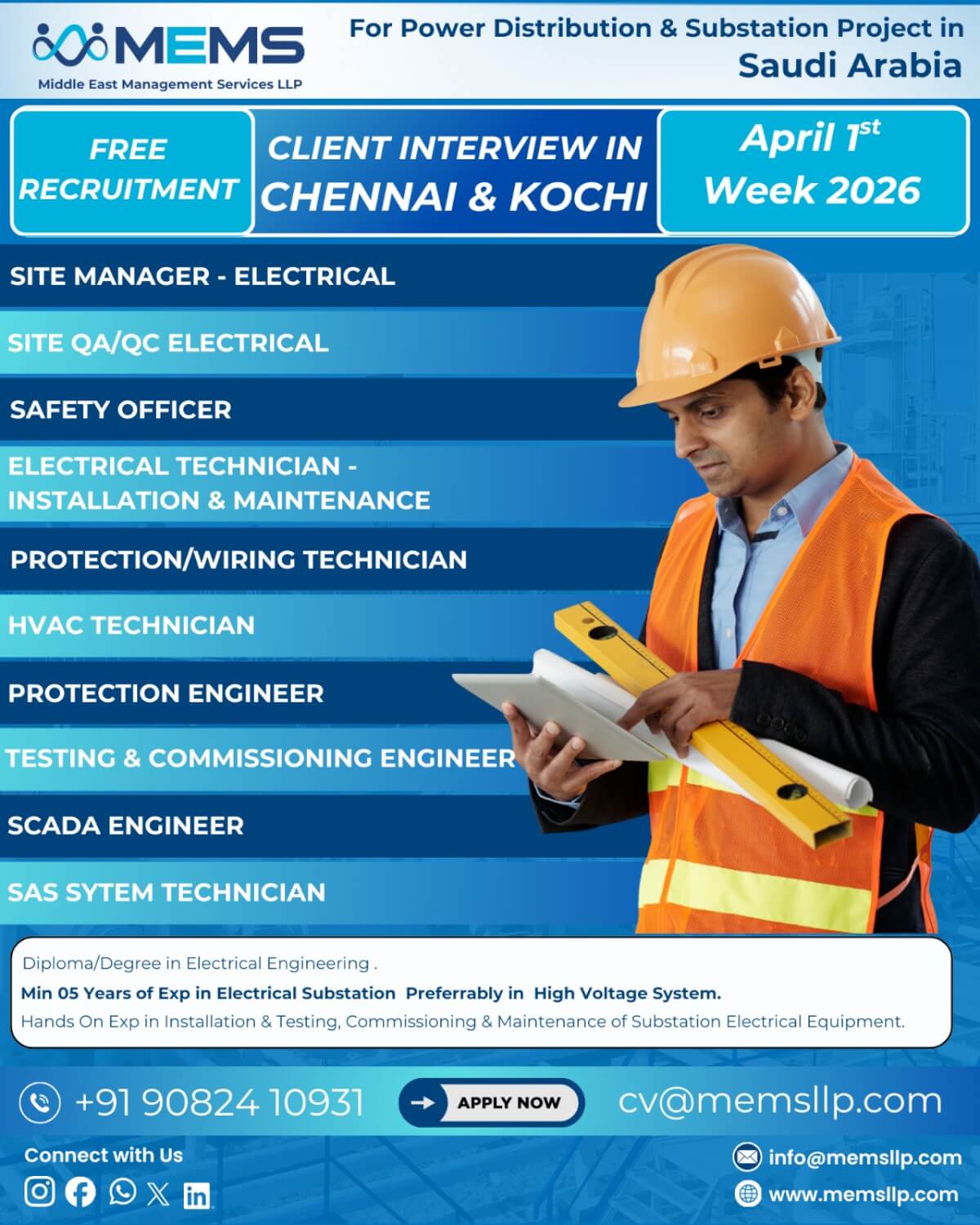 We are hiring for Power Distribution & Substation Project in Saudi Arabia