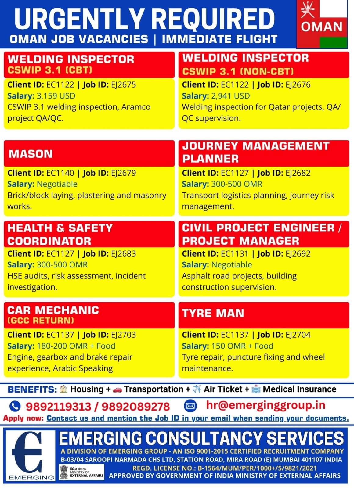 Urgently Required for Oman | Multiple Positions | Immediate Flight