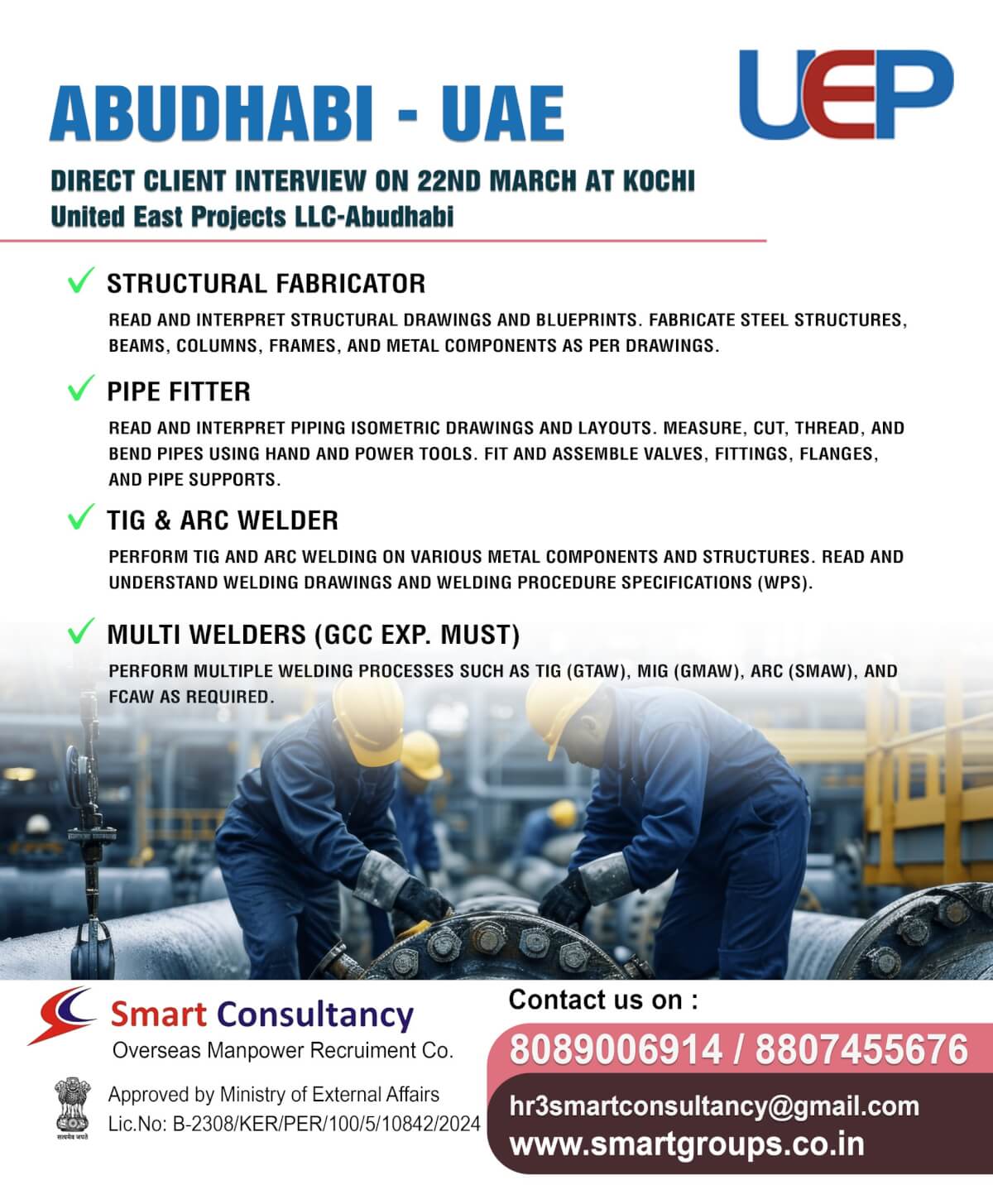 WE ARE HIRING FOR UNITED EAST PROJECTS LLC - ABUDHABI, DIRECT CLIENT INTERVIEW ON 22ND MAR AT KOCHI