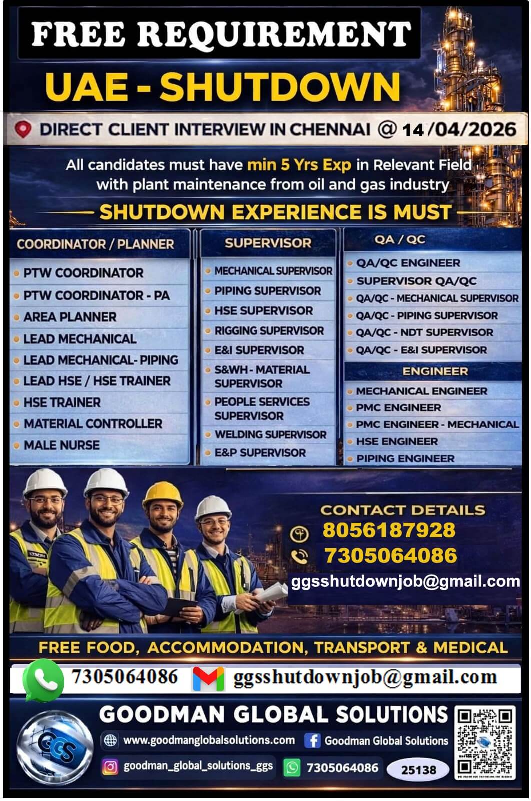 FREE REQUIREMENT - UAE - OIL & GAS  (SHUTDOWN PROJECT)  DIRECT CLIENT INTERVIEW  IN CHENNAI @11/04/2026