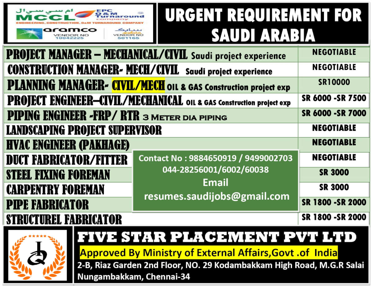 URGENT REQUIREMENT FOR SAUDI ARABIA