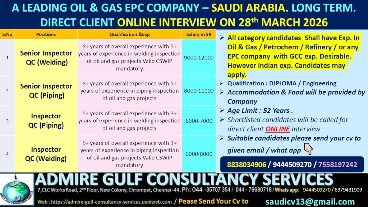 A  LEADING OIL & GAS EPC  COMPANY - SAUDI ARABIA-LONG TERM . DIRECT CLIENT ONLINE INTERVIEW ON 28th MARCH 2026