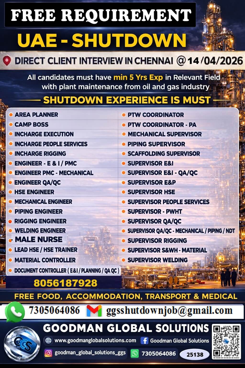 FREE REQUIREMENT - UAE - OIL & GAS  (SHUTDOWN PROJECT)  DIRECT CLIENT INTERVIEW  IN CHENNAI @14/04/2026