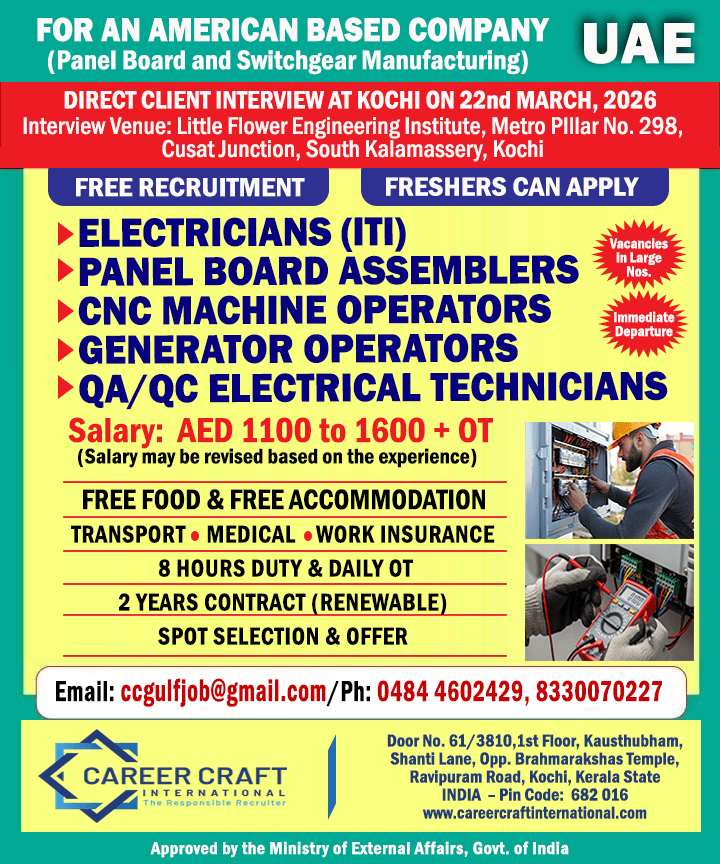 Client Interview at Kochi on 22nd March, 2026 for An American based Co. in UAE -