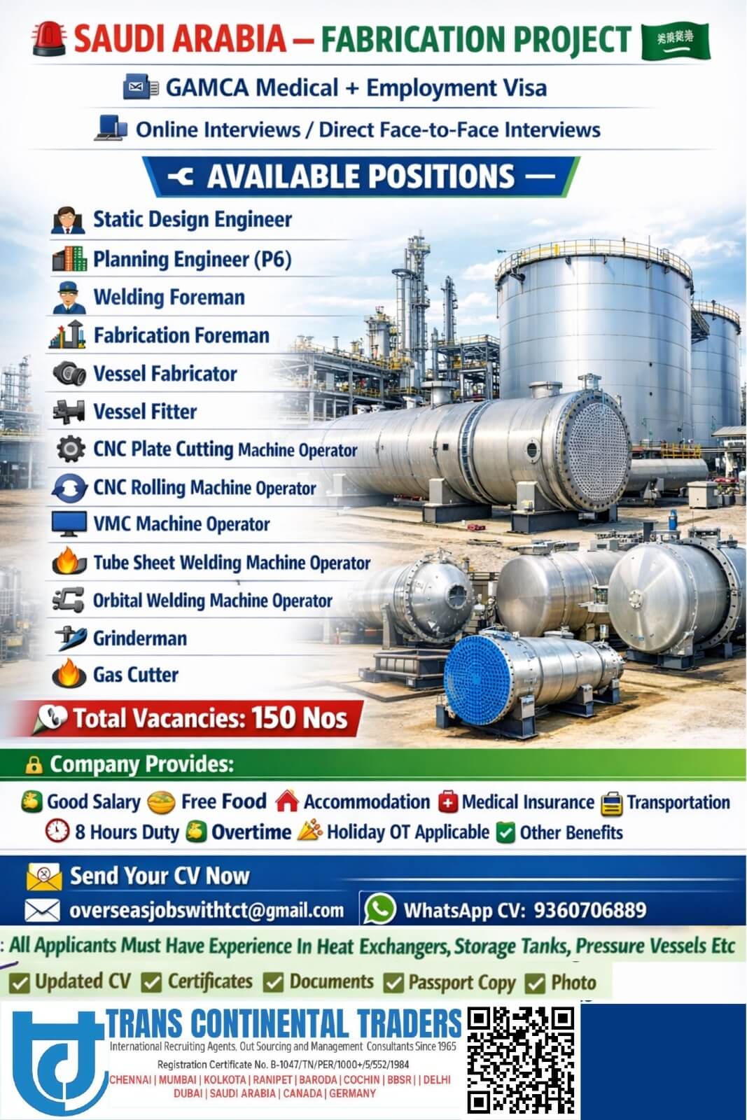 HIRING FOR HEAT EXCHANGERS , STORAGE TANKS , PRESSURE VESSELS FABRICATION INDUSTRY-SAUDI ARABIA