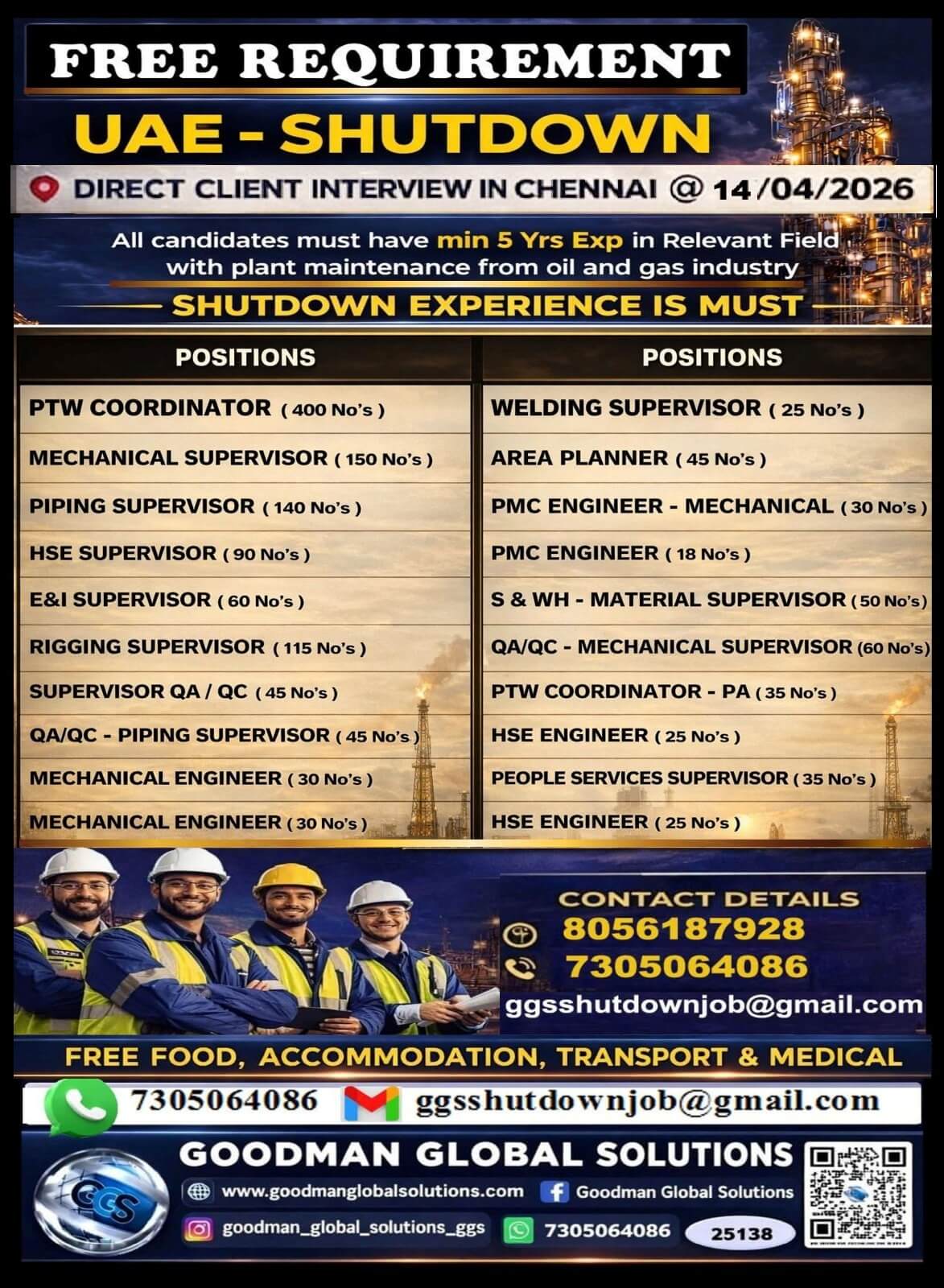 FREE REQUIREMENT - UAE - OIL & GAS  (SHUTDOWN PROJECT)  DIRECT CLIENT INTERVIEW  IN CHENNAI @14/04/2026