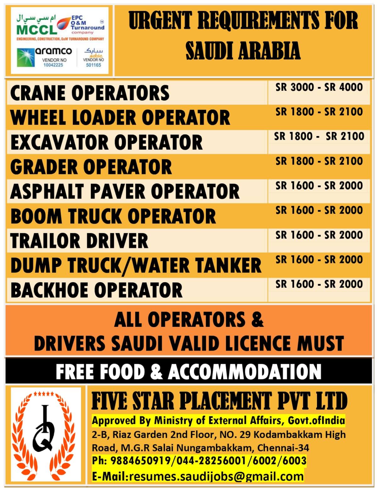 URGENT REQUIREMENT FOR SAUDI ARABIA