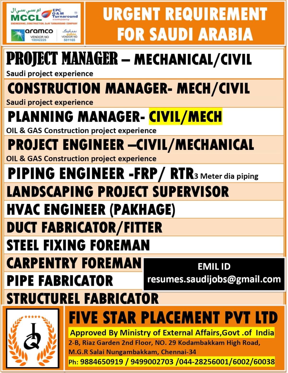 URGENT REQUIREMENT FOR SAUDI ARABIA