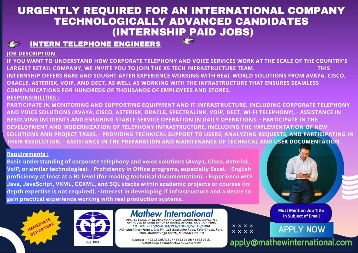 4 - URGENTLY REQUIRED FOR AN INTERNATIONAL COMPANY - TECHNOLOGICALLY ADVANCED CANDIDATES (internship paid jobs) 4 - URGENTLY REQUIRED FOR AN INTERNATIONAL COMPANY - TECHNOLOGICALLY ADVANCED CANDIDATES (internship paid jobs)