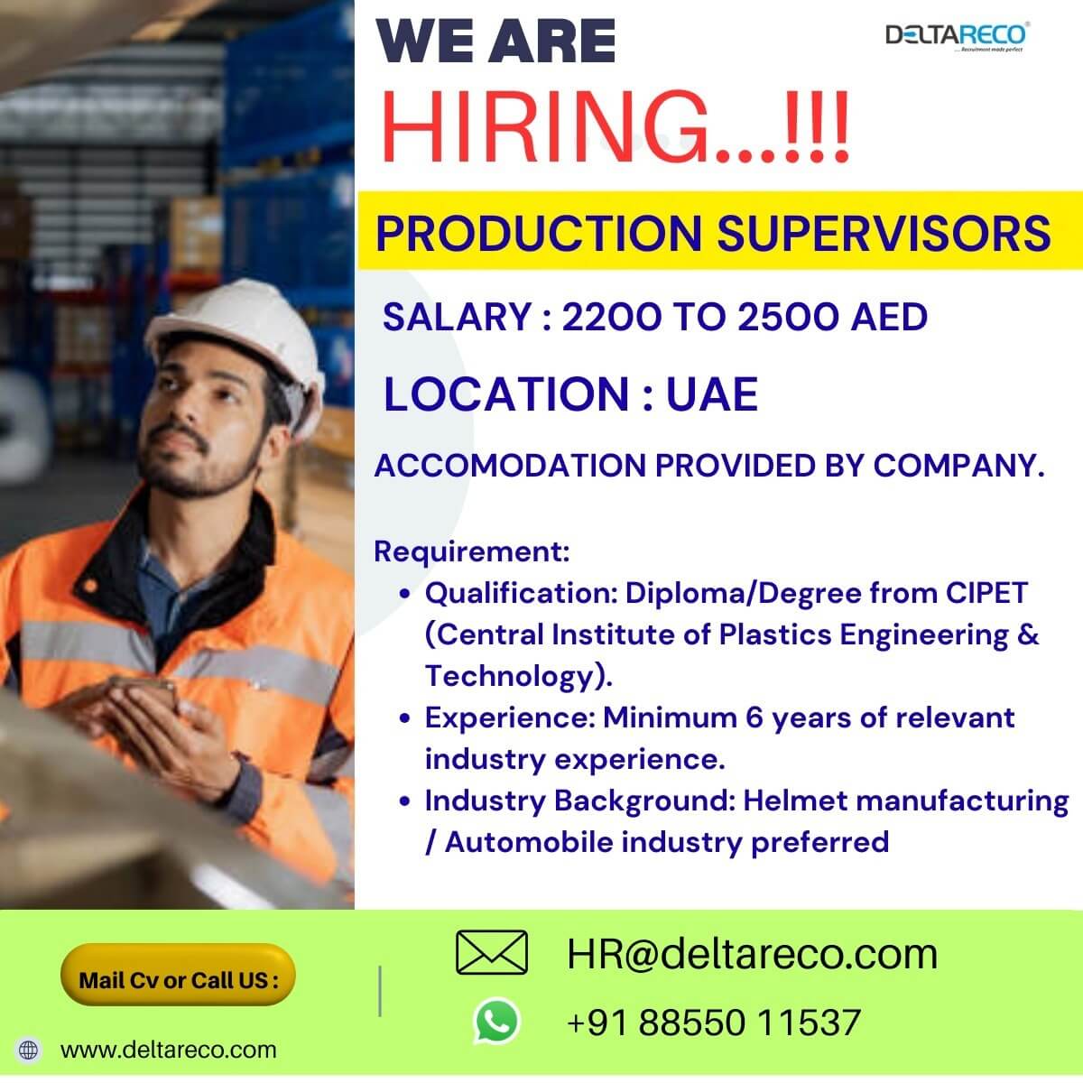 Hiring  Production Supervisor for  UAE