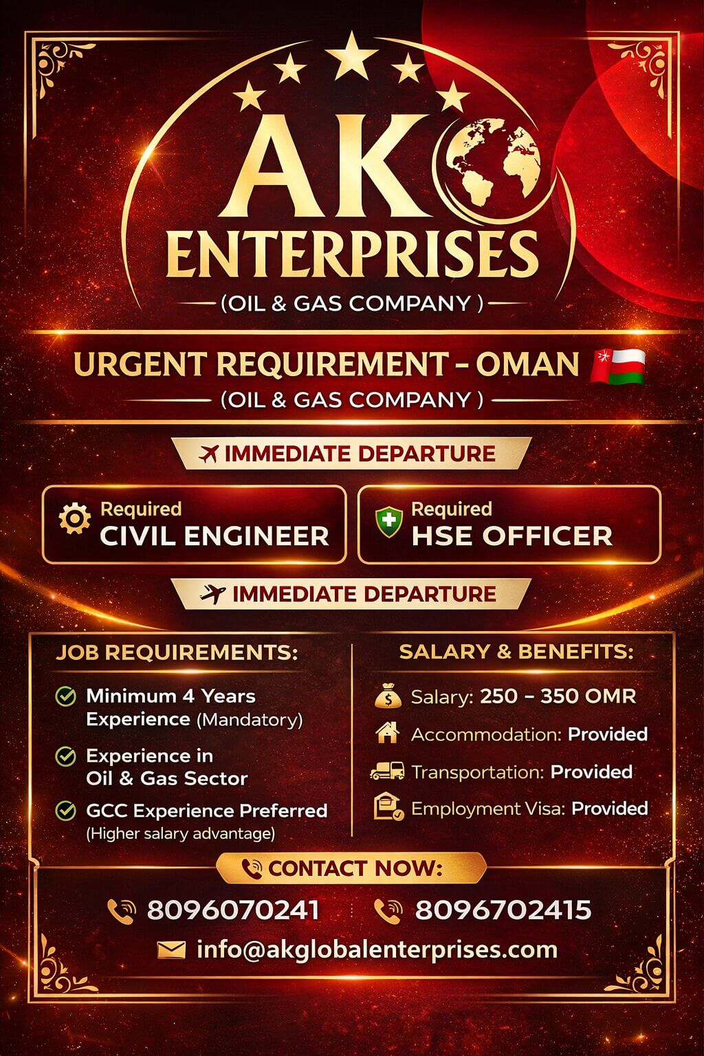 Required Civil engineer and HSE officer for Oil and Gas co. Oman