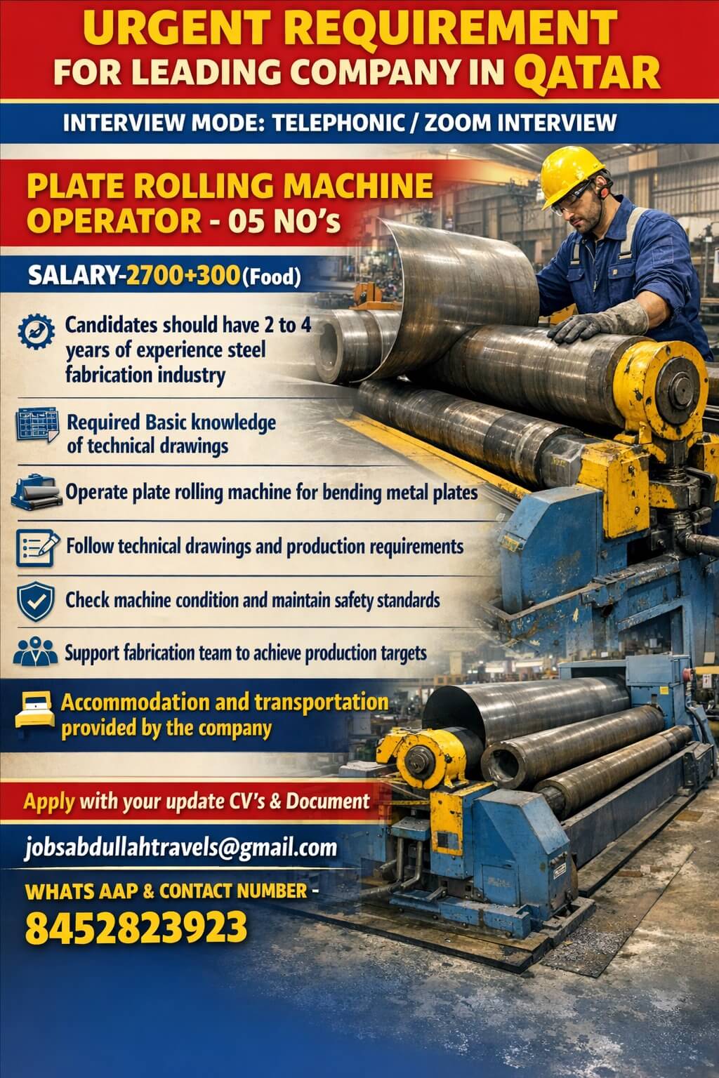 URGENT REQUIREMENT FOR LEADING COMPANY IN QATAR