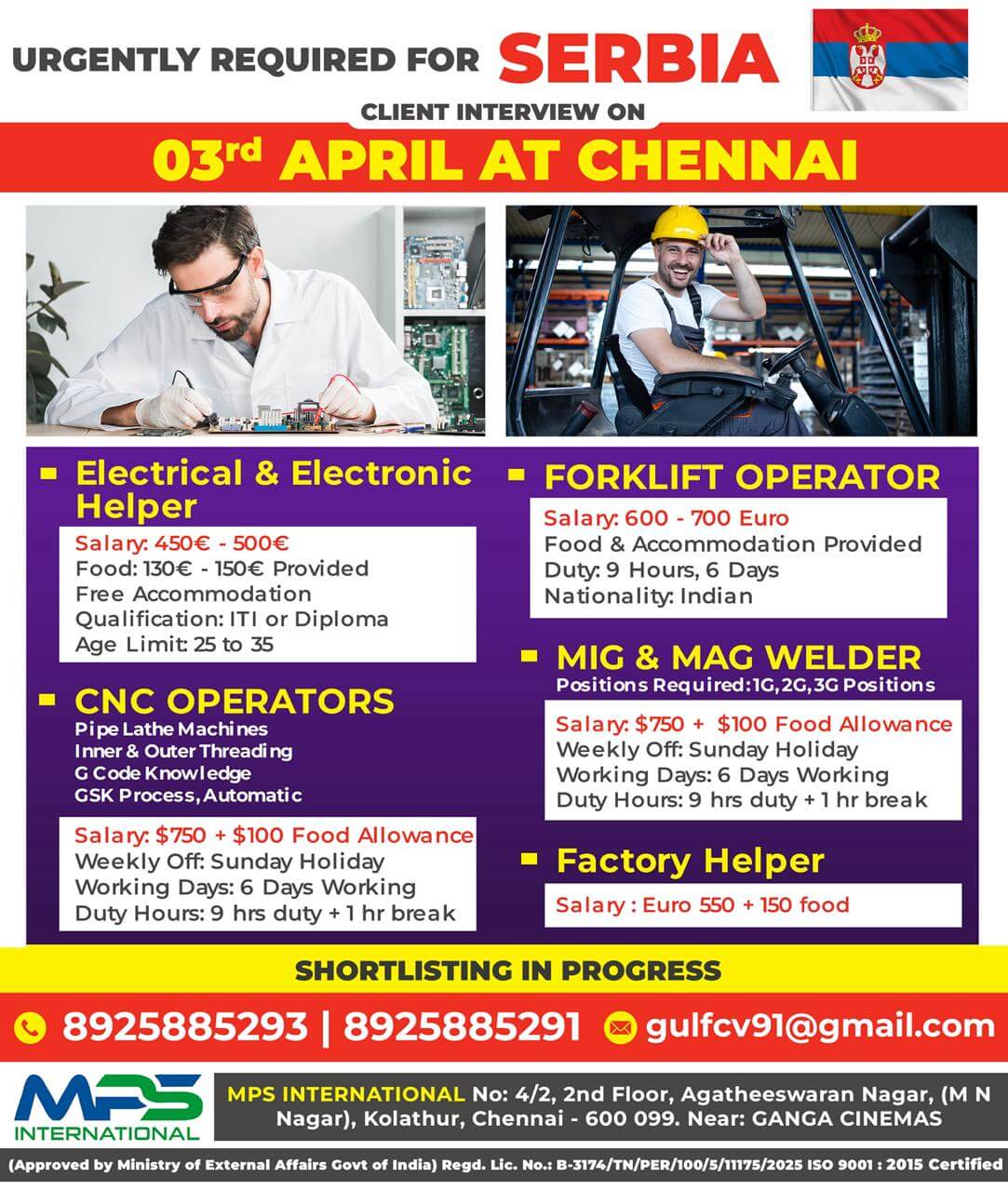 URGENTLY REQUIRED FOR SERBIA CLIENT INTERVIEW ON 03rd APRIL AT CHENNAI