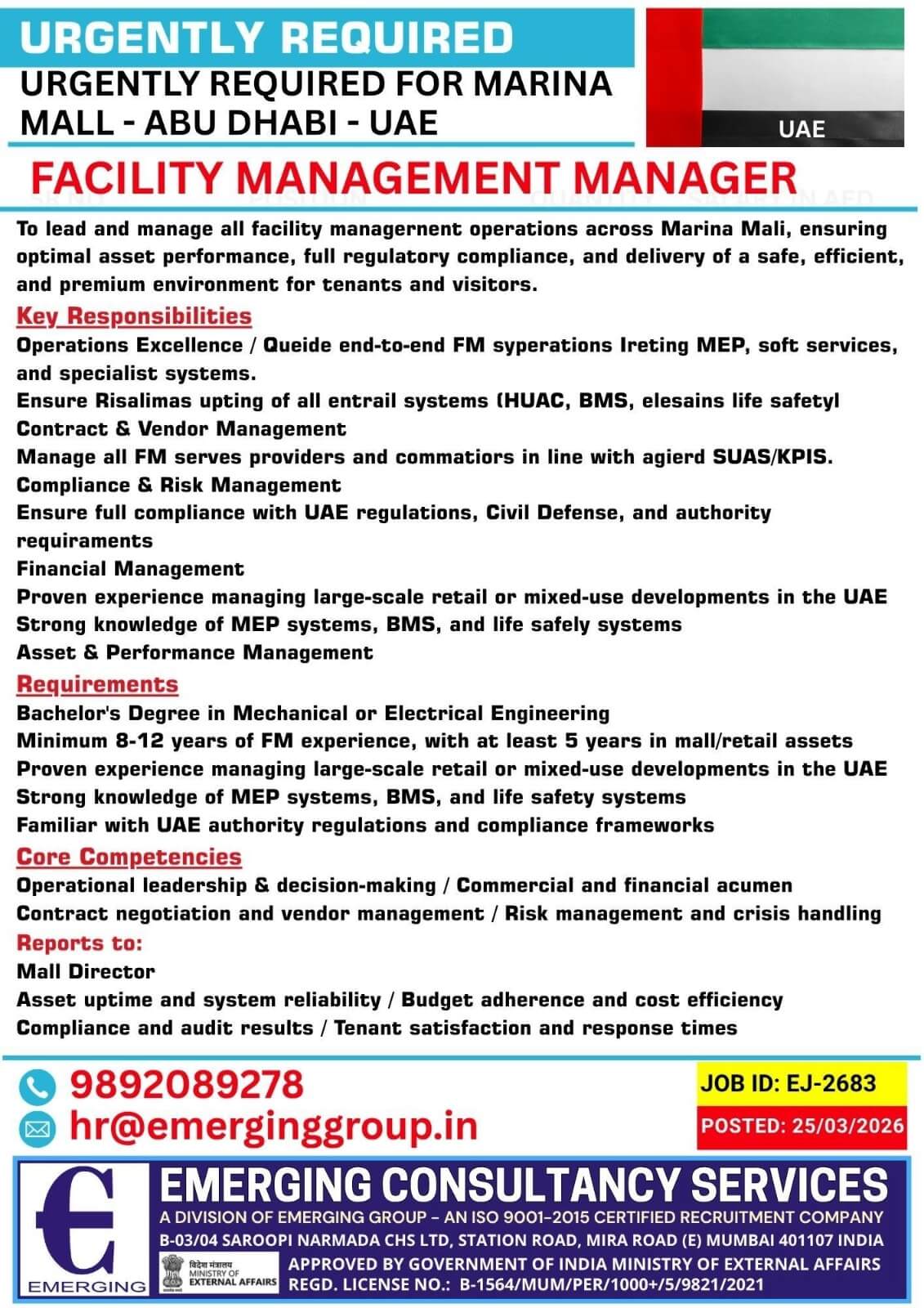 Urgently Required for Dubai | Facility Mangement Manager| Immediate Flight Urgently Required for Dubai | Facility Mangement Manager| Immediate Flight