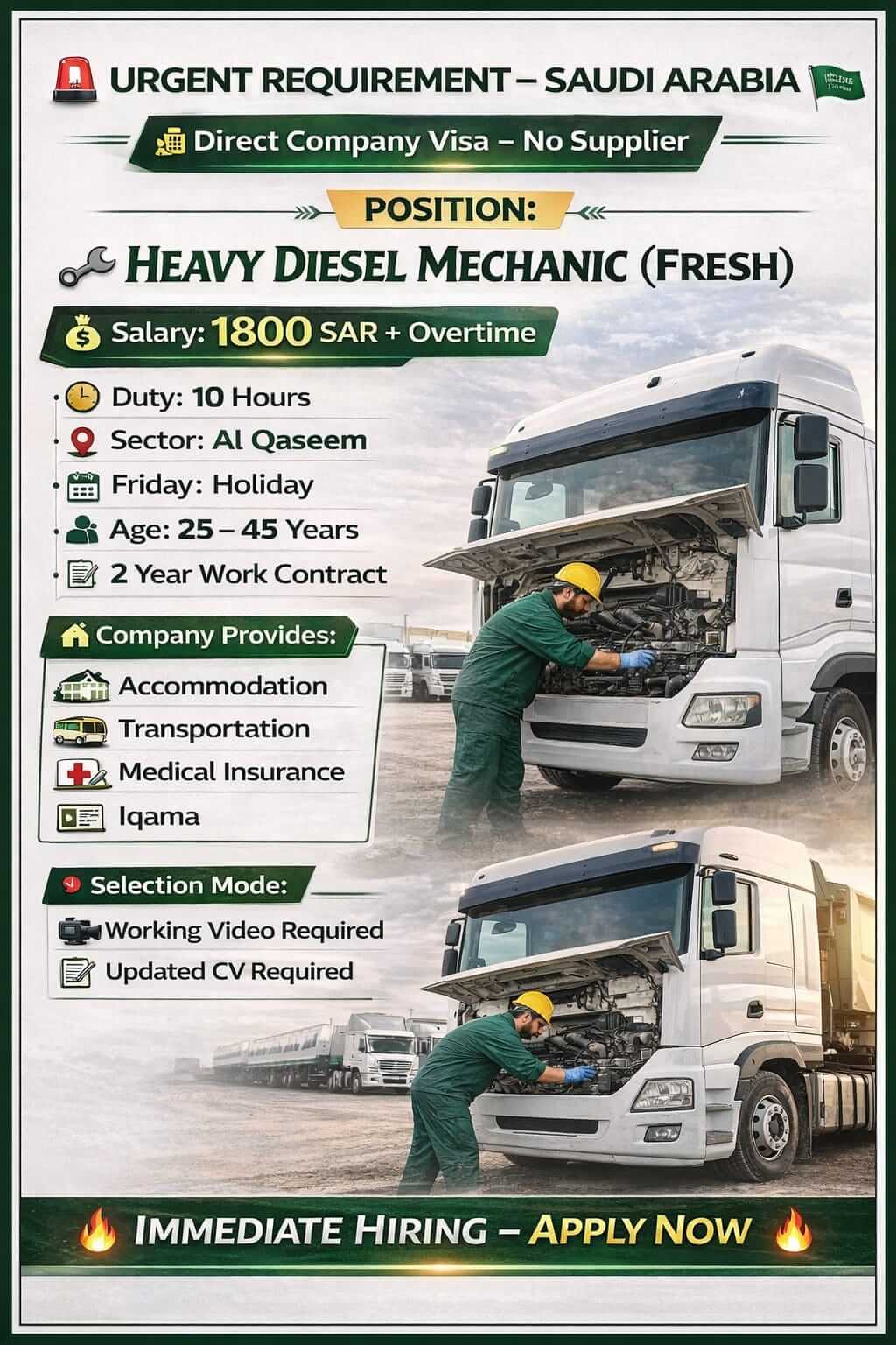 Urgent Requirement – Saudi Arabia Heavy Diesel Mechanic (Fresh) Urgent Requirement – Saudi Arabia Heavy Diesel Mechanic (Fresh)
