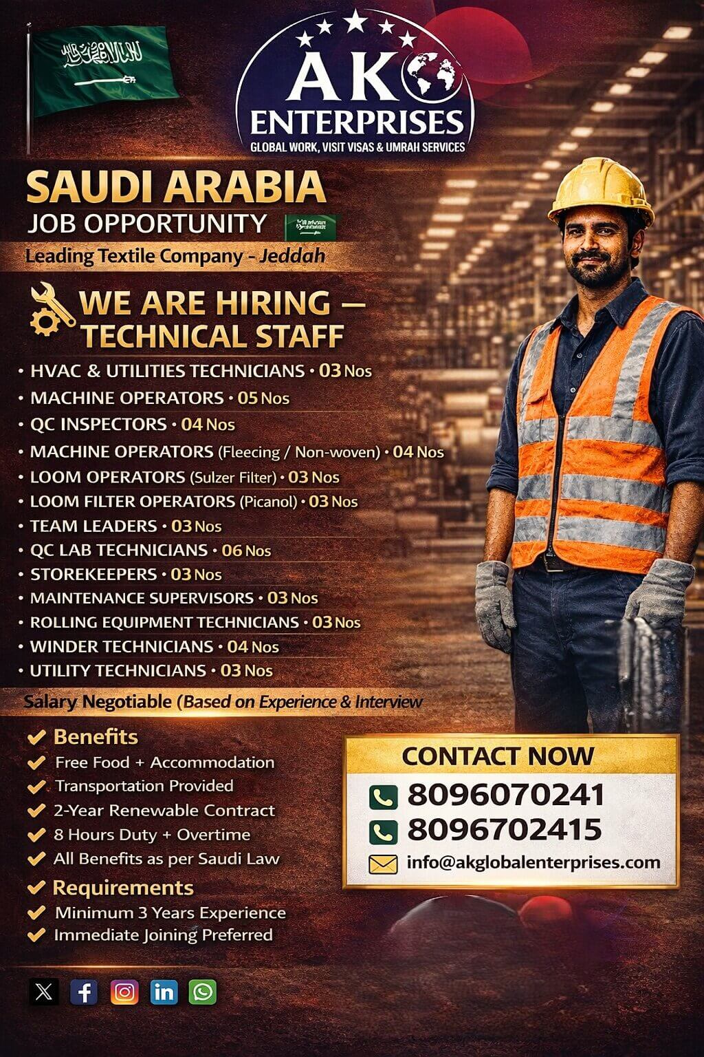 SAUDI ARABIA – URGENT HIRING - Leading Textile Company – Jeddah