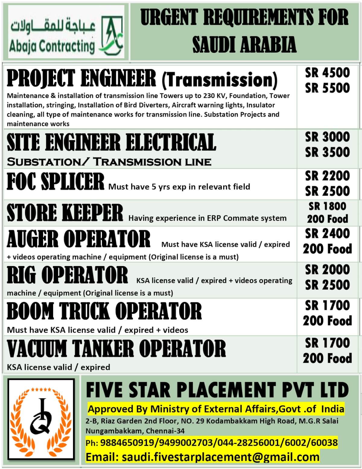 URGENT REQUIREMENT FOR SAUDI ARABIA
