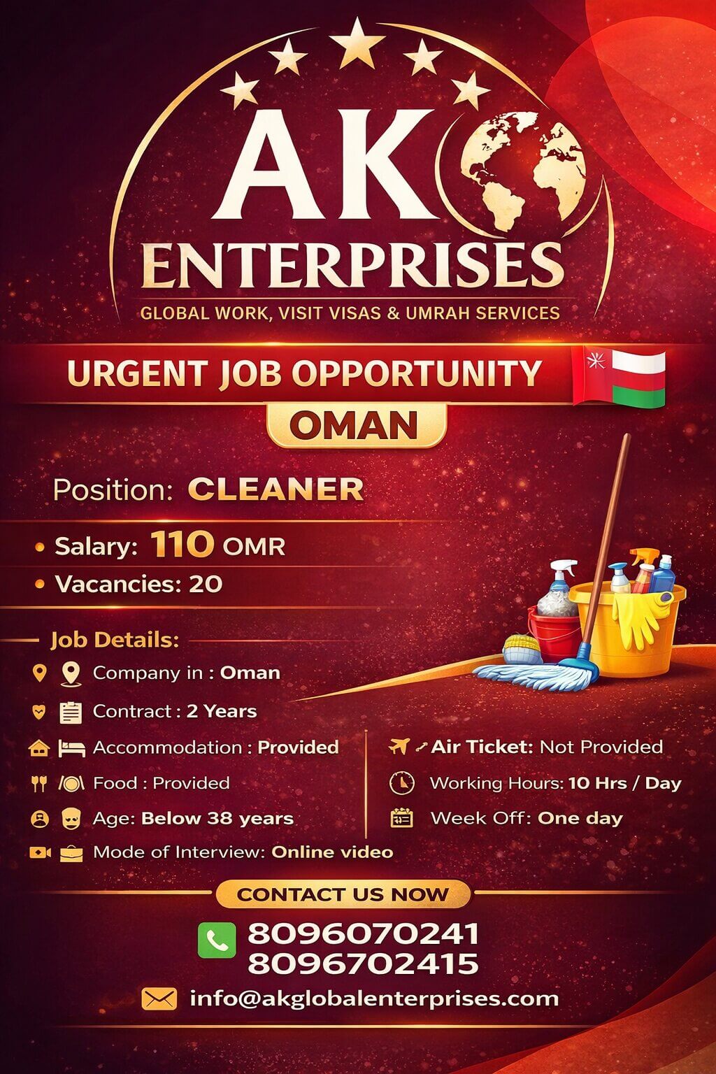 Urgently Required for OMAN- Cleaner Urgently Required for OMAN- Cleaner
