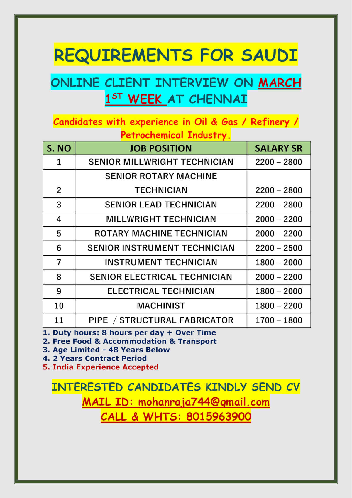 REQUIREMENTS FOR SAUDI -  ONLINE CLIENT INTERVIEW ON MARCH 1ST WEEK AT CHENNAI