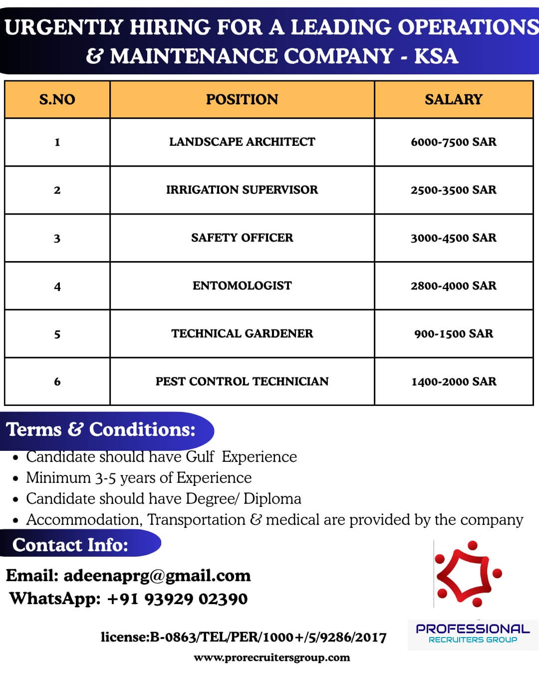 URGENTLY HIRING FOR SAUDI ARABIA