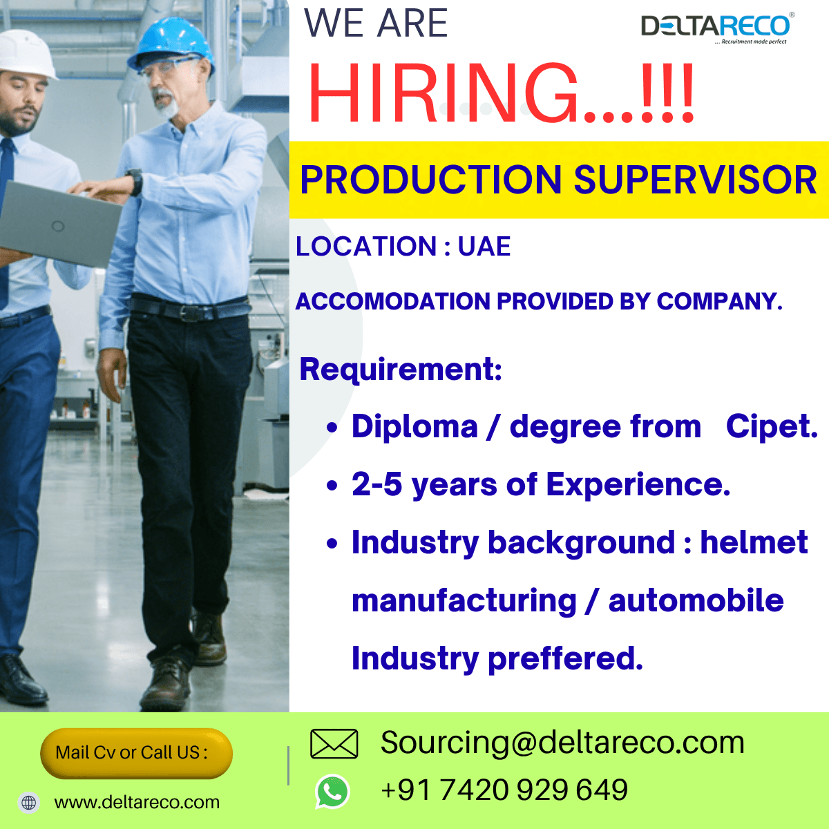Hiring Production Supervisor for United Arab Emirates Hiring Production Supervisor for United Arab Emirates